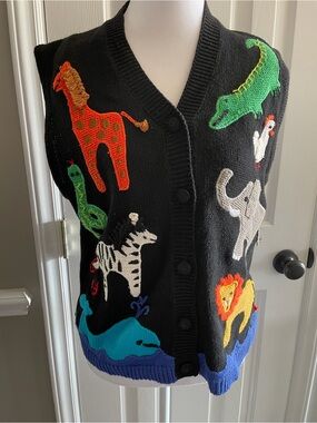 Vintage 90's BellePointe Sweater Vest Women's Small Animal Noahs Ark